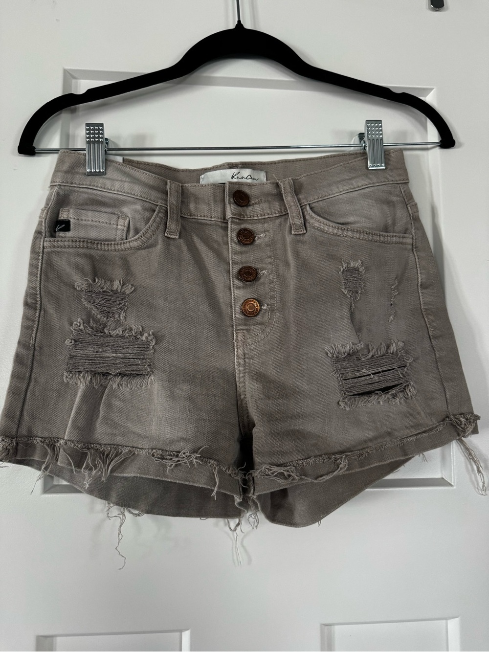 Kancan Distressed High-Rise Jean Shorts in Taupe